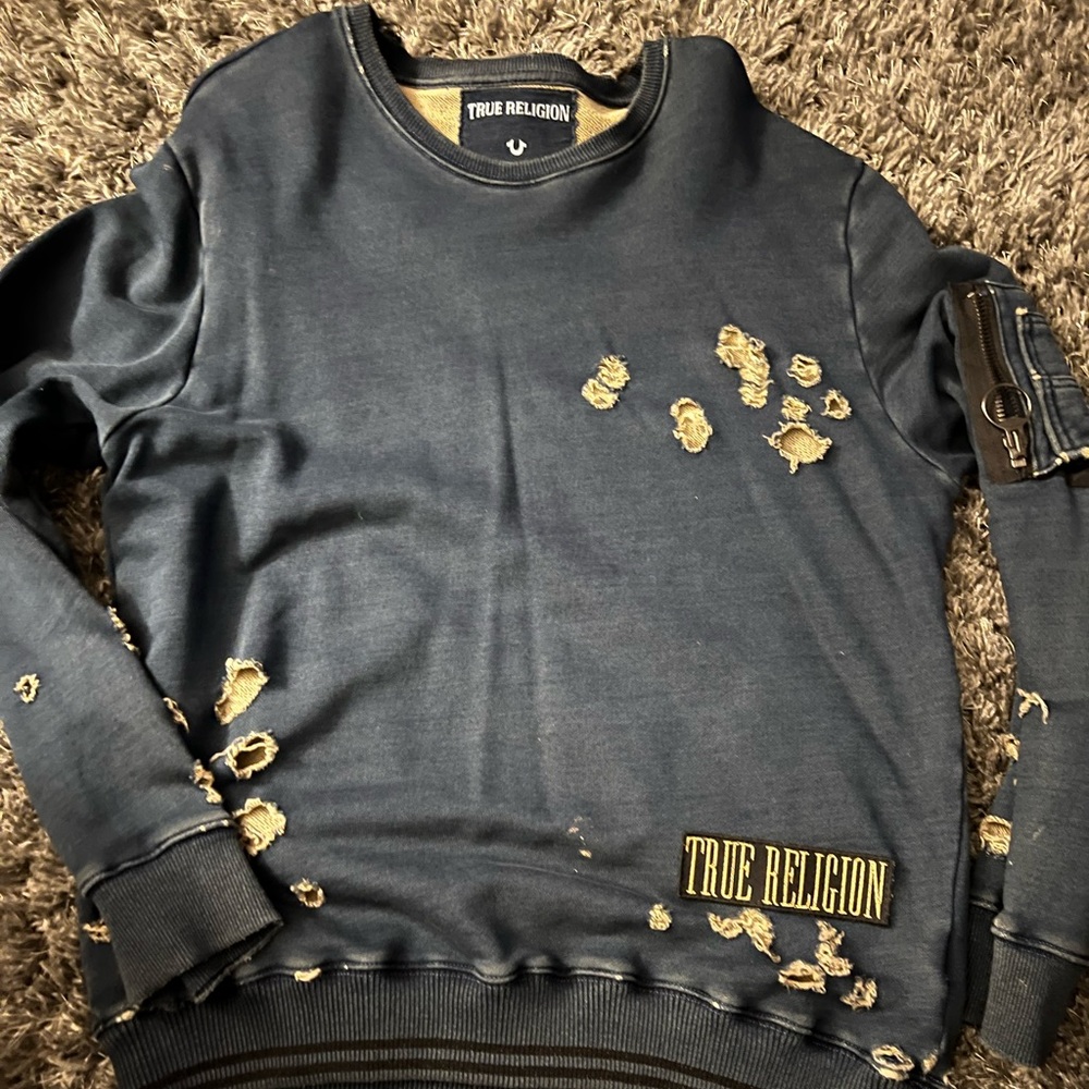 Awesome Dark blue ripped denim looks true religion sweater, for Men or women.